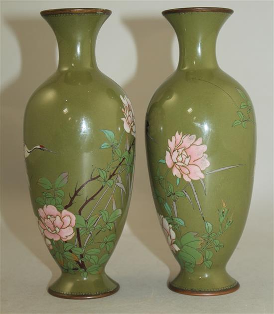 A pair of Japanese silver and copper wire sage green ground vases, c.1910, 18.5cm